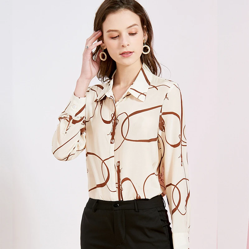 

100% Pure Silk Women's Runway Shirts Turn Down Collar Long Sleeves Printed Fashion Casual Blouse Shirt