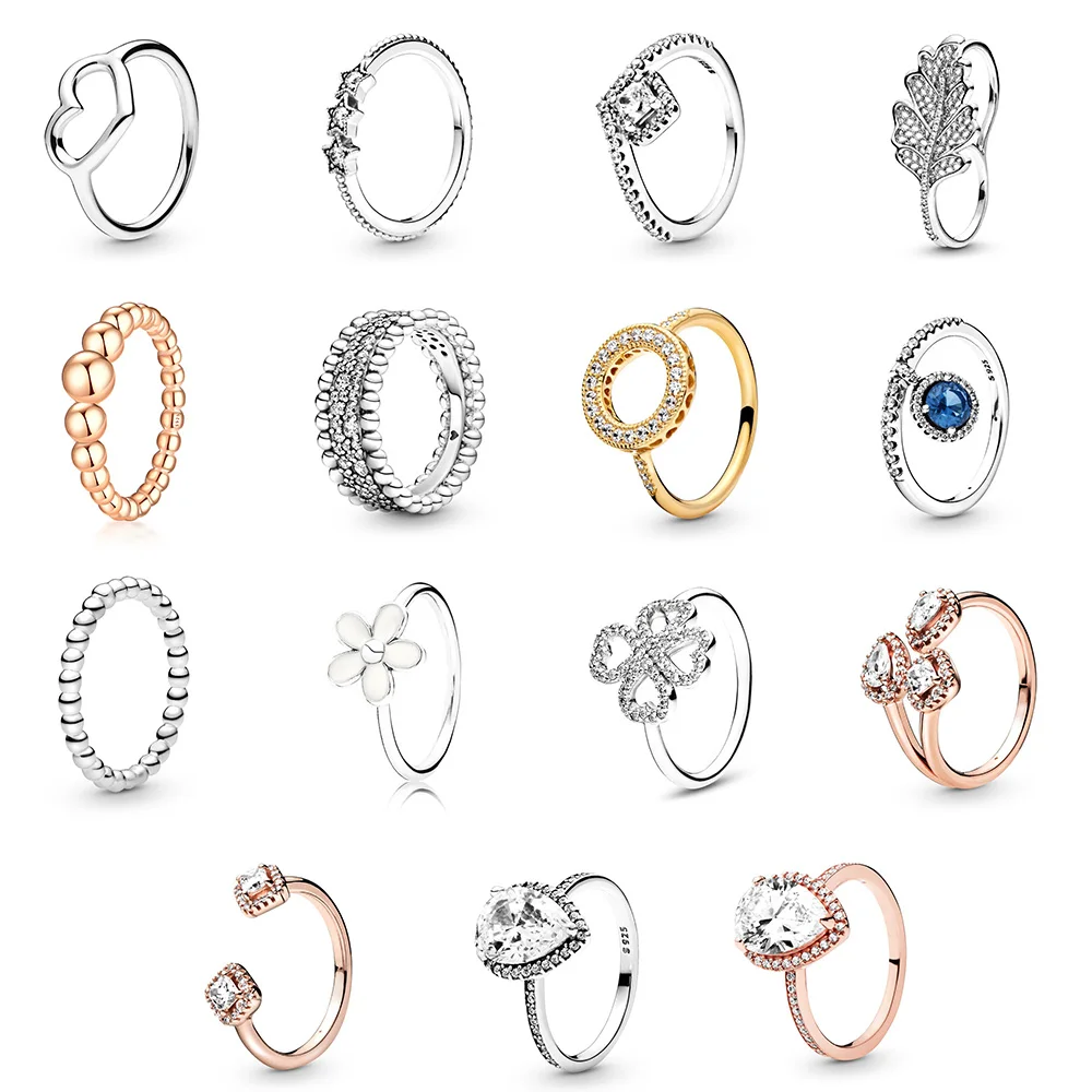 

925 Sterling Silver Ring Charms Diy Heart Five-pointed Star Crystal Leaf Chrysanthemum Ring For Women Wedding Jewelry