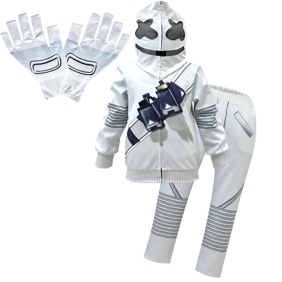 Хэллоуинский карнавальный костюм для детей с популярным музыкальным Ди-Джеем Маршмеллоу в косплейной маске, с капюшоном для мальчиков и девочек, включающий худи, штаны и перчатки, одежда для вечеринок.