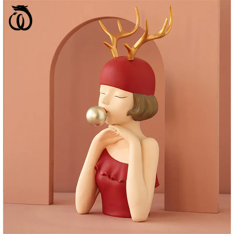 

WU CHEN LONG Creative Red Antlers Girl Art Sculpture Character Statue Figurines Resin Craft Home Decoration Christmas Gift R6066