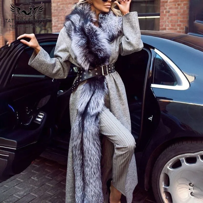 120cm Long Wool Blend Coats With Silver Fox Fur Lapel Collar Women Fashion Winter New Fox Fur Cashmere Overcoats High Street