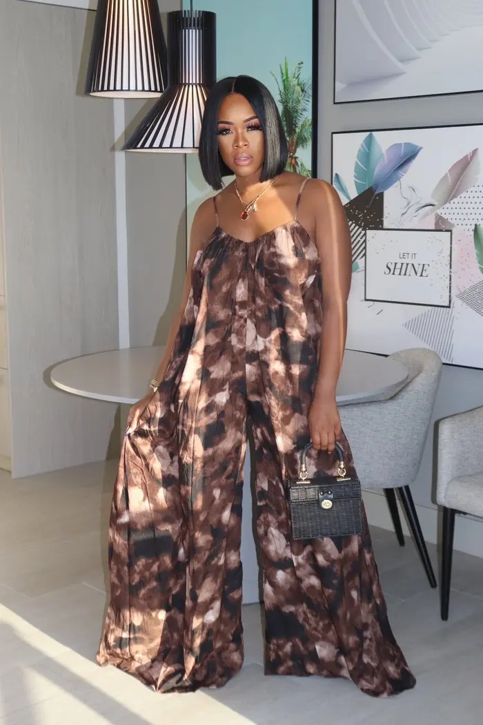 

Long Jumpsuit Wide Legged Trousers Women Elegant Overall Pants Sling Loosely Backless Print Summer Urban Sleeveless Female 2021