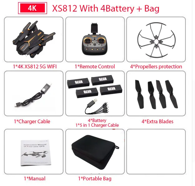 4K 4B with Bag VISUO XS812 gps Радиоуправляемый Дрон с камерой 4K HD 5G wifi FPV удерживающий высоту один ключ возврат Радиоуправляемый квадрокоптер Вертолет VS XS809S E58 E502S - Цвет: 4K 4B with Bag