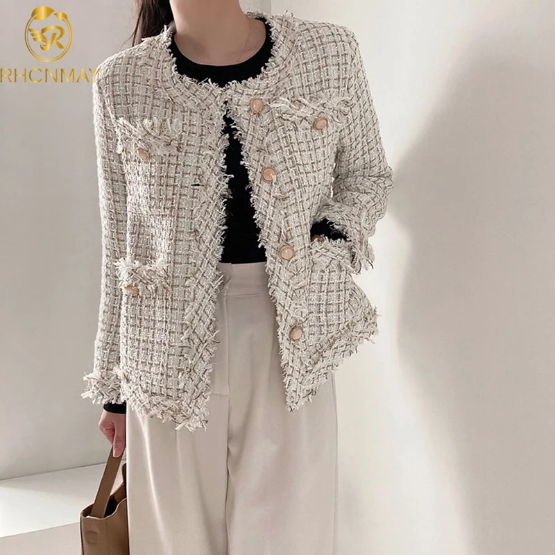 

Elegant 2020 Chic Autumn Winter Women's Jacket French Single Breasted Fringe Binding Design Long Sleeve Tweed Coat