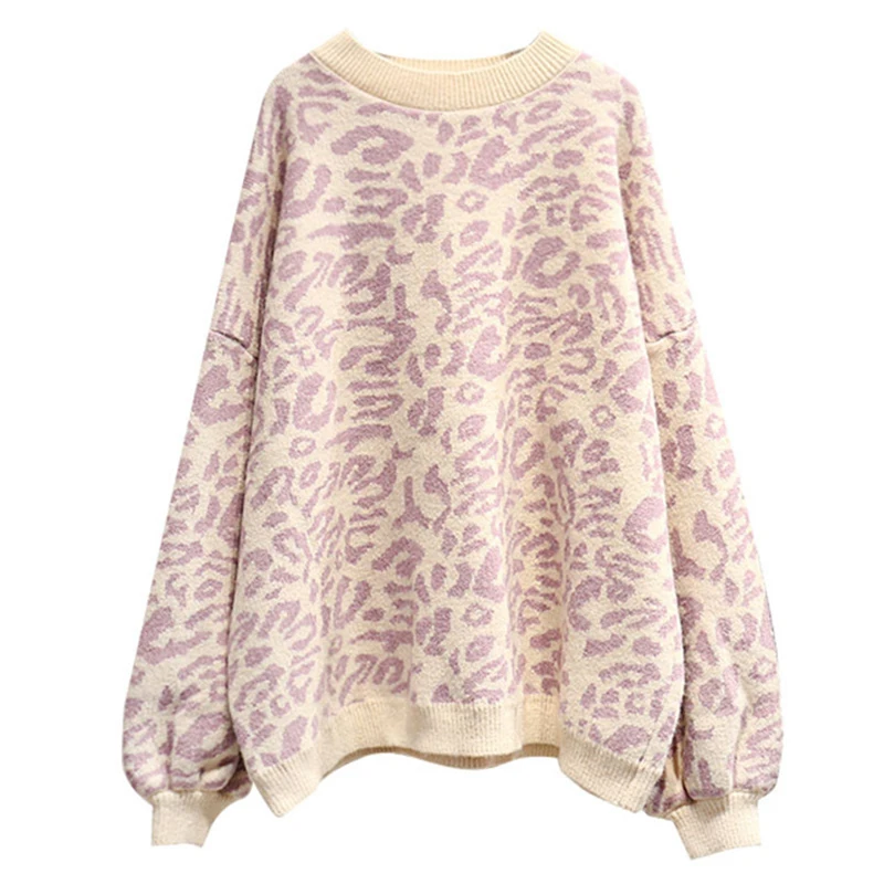 

2021 Round Neck Oversize Sweater Jumpers Casual Leopard Korean Pull Femme Autumn Winter Women Leopard Pullover and Sweaters New