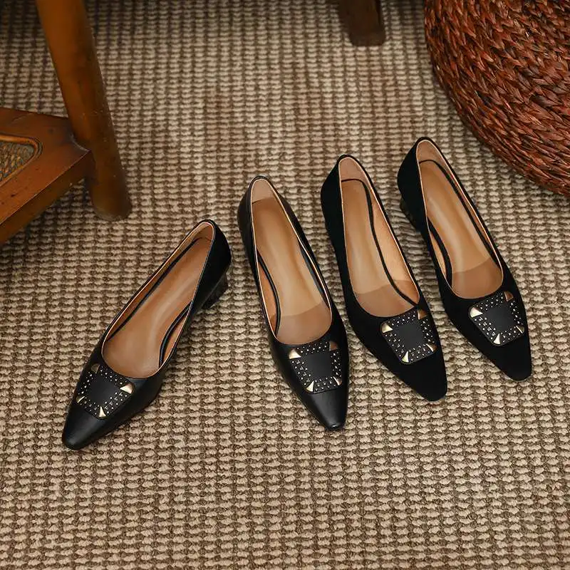 

Lanxuryee limited customization genuine leather small square toe med heel metal decoration French romantic cozy women pumps L98