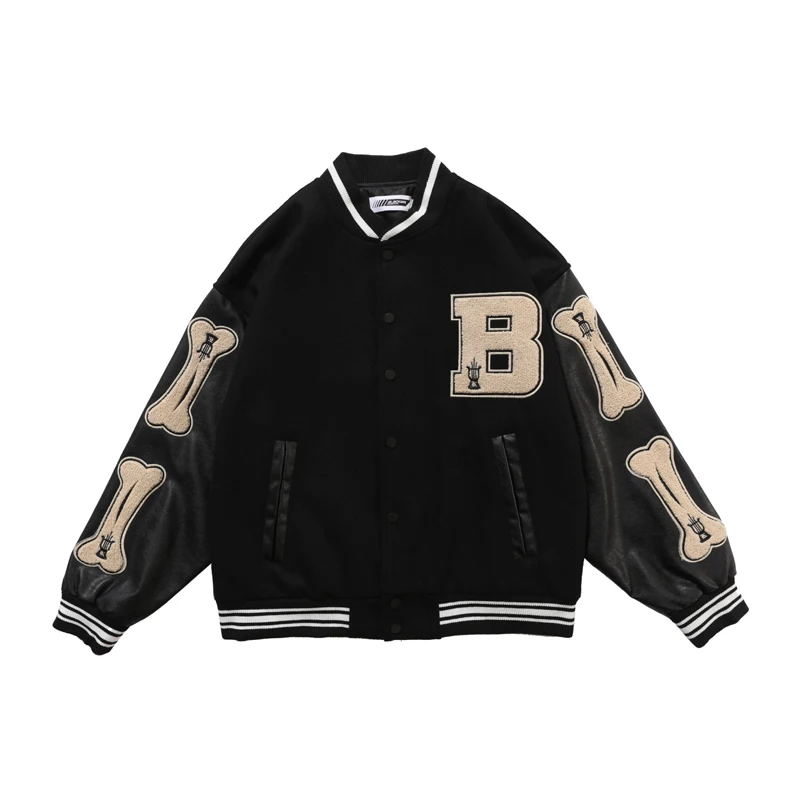 

Men's Hip Hop Baseball Jacket Coats Furry Bone Letter Patchwork Optional Harajuku College Style Bomber Jacket Men Oversize M-2XL