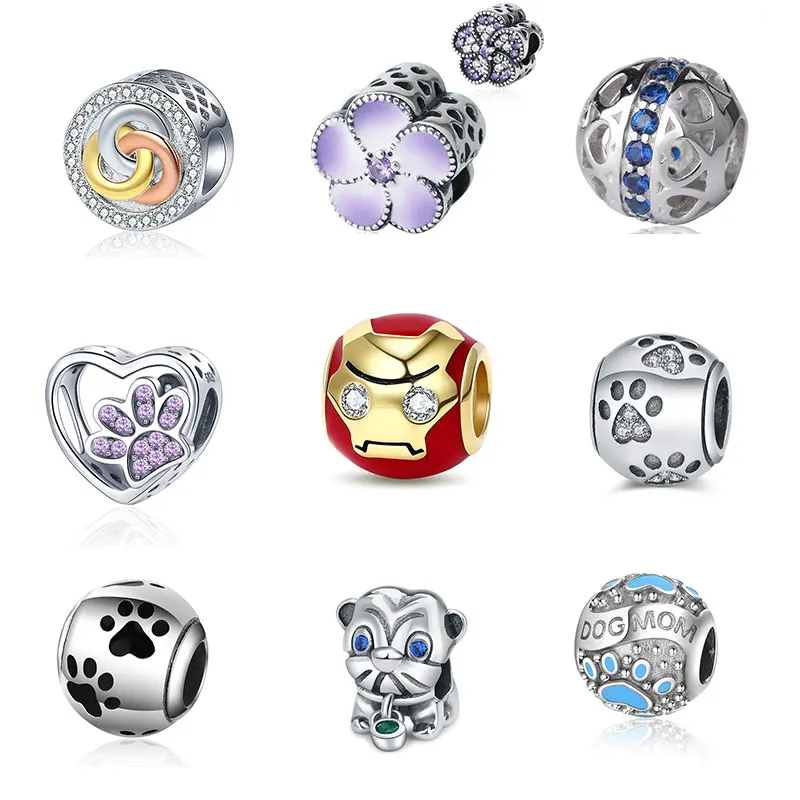 Животное шармы собачья лапа 925 стерлингового серебра круглые бусинки подходит