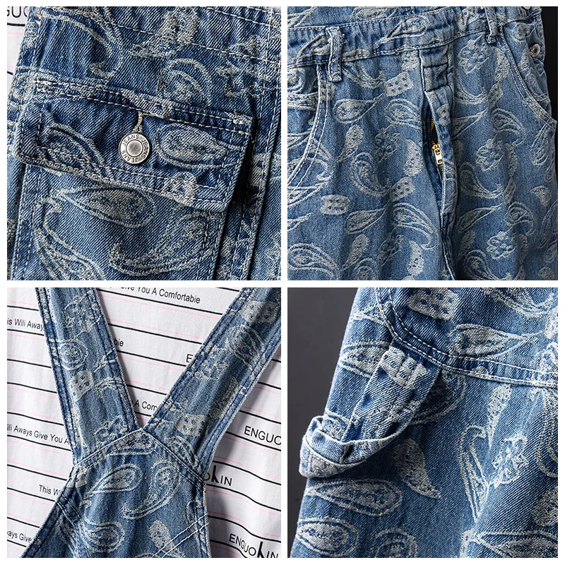 Man Bib Overalls Suspender Pants Retro Printing Jeans Loose Large Size Hip Hop Street Dance Jumpsuits Leisure Denim Trousers