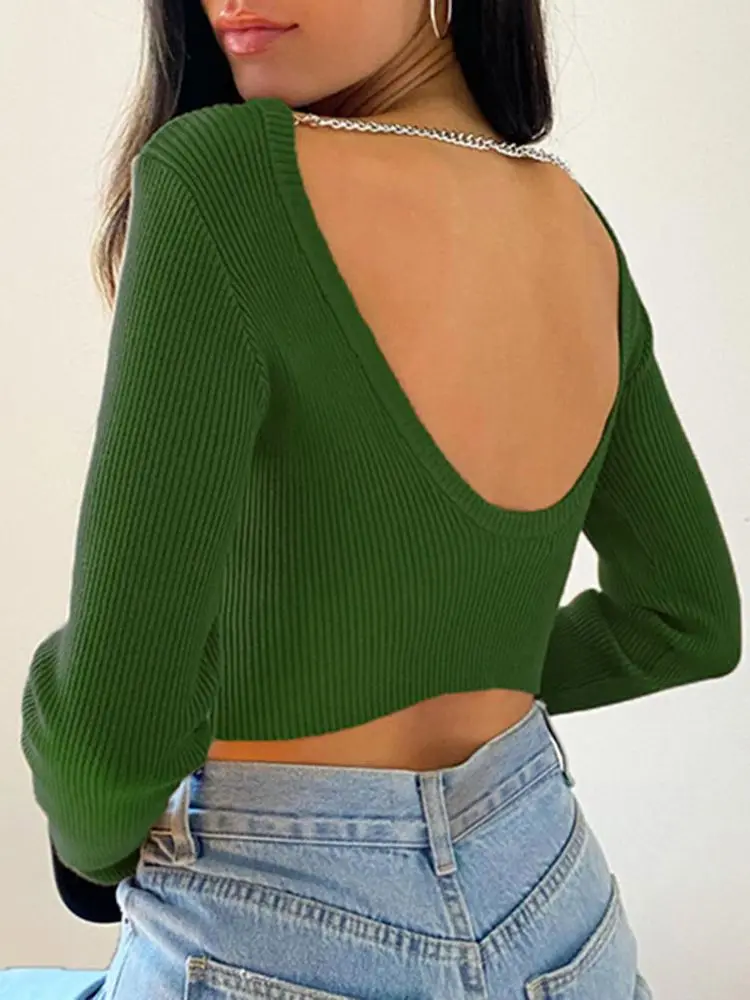 

Spring Autumn Green Chain Backless Sexy Knitted Crop Top Women Y2K Long Sleeve Basic Causal T-Shirts 2022
