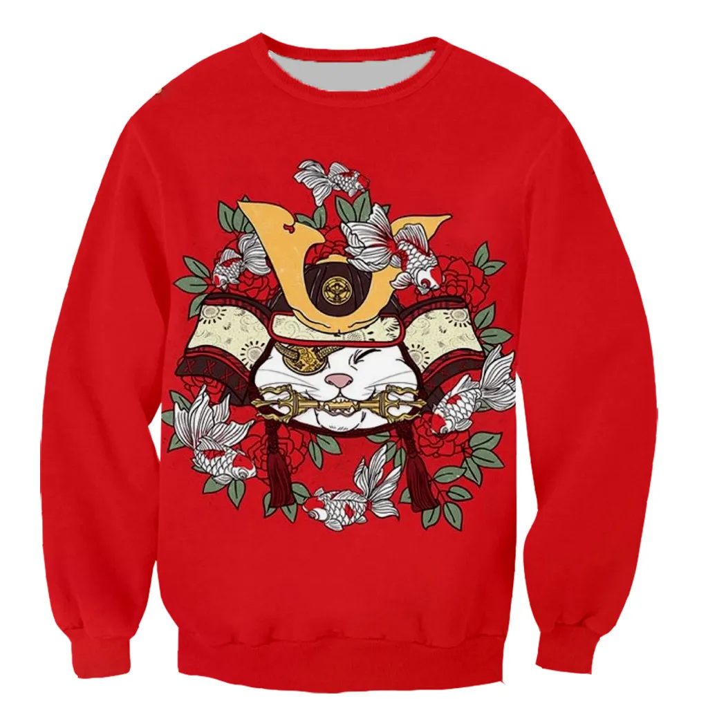 Новая забавная Модная японская Татуировка самурая кошка с длинным рукавом 3D