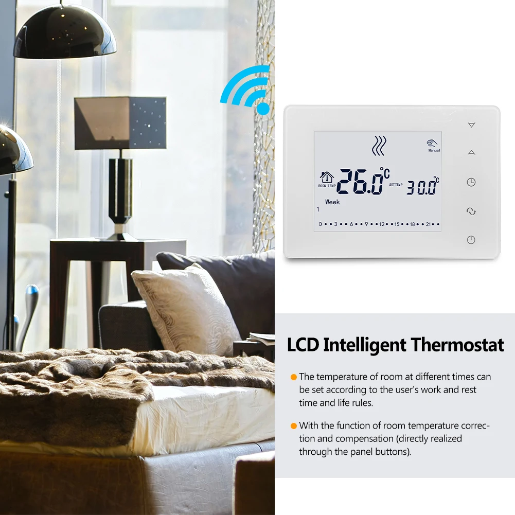 

HY05RF Wifi 433Hz Multifunctional LCD Touched Screen Intelligent Thermostat Wall-hung Boiler Thermostat Temperature Controller