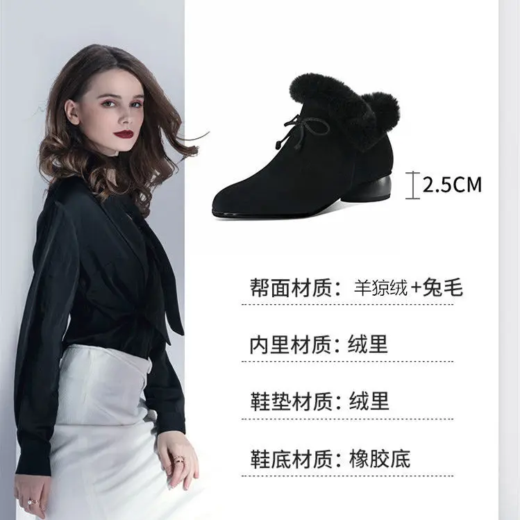 

2021 Shoes Women Suede Real Rabbit Fur Winter Snow Boots Female Pleated Plush Lining Warm Platform Ankle Boots Booties