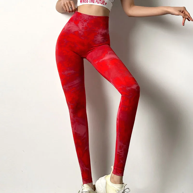 

CHRLEISURE RedSports Leggings Seamless Printed Yoga Pants Sexy Tie Dye High Waist Women Gym Legging Push Up Slim Trousers