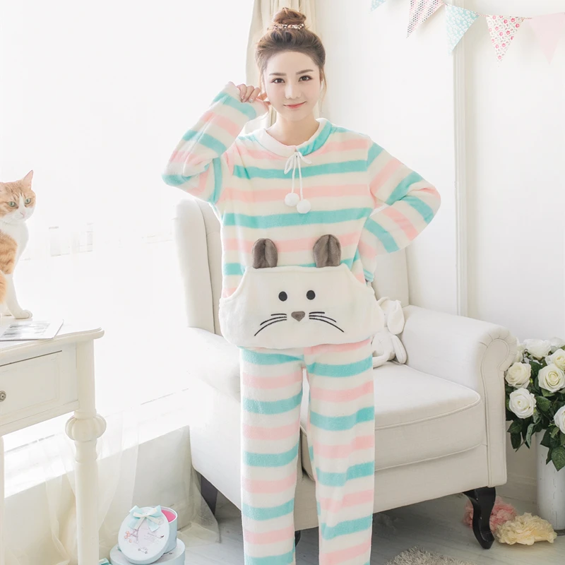 

Long Sleeve Women Pajamas Set Cartoon Cute Winter Warm Thick Flannel Pyjamas Set Round Neck Coral Velvet Women Sleep Wear