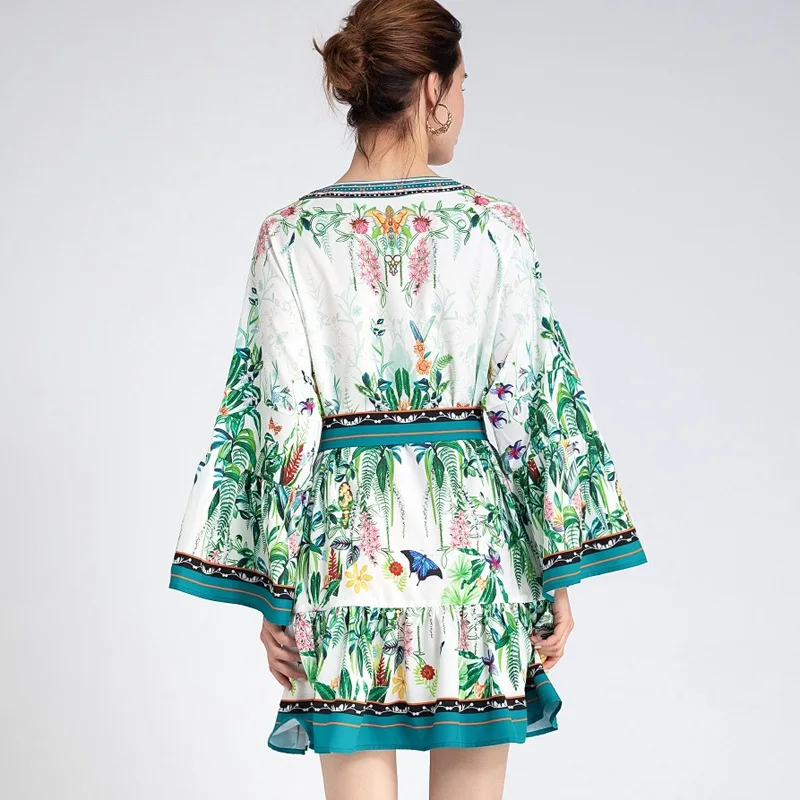 

2021 SPRING ROUND NECK PRINT FLARE SLEEVES BELTED DRESS