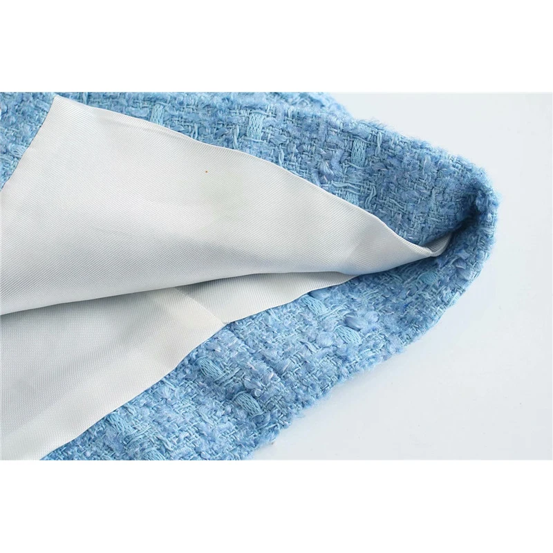 

Evfer Chic Lady New Spring Fashion Za Woolen Blue Short Jackets Outwear Female Casual Long Sleeve Turn-Down Collar Textured Coat