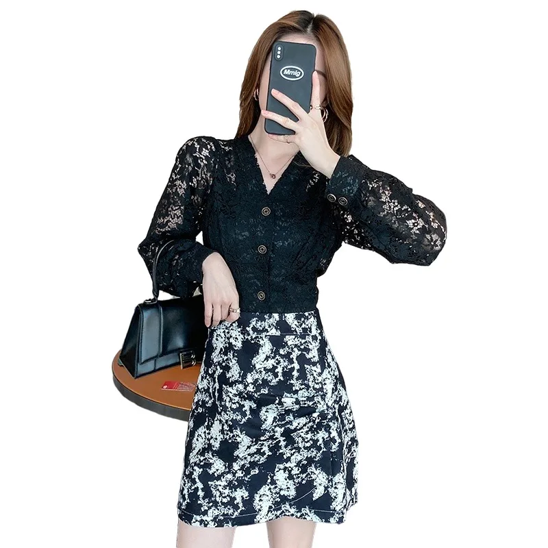 

Summer Outfits For Women Sexy Lace Cardigan Blouse Female High Waist Short Skirts Ladies Print Skirts Sets Female