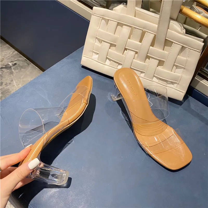 

2021 sexy transparent full crystal heel sandals women French square toe sandals