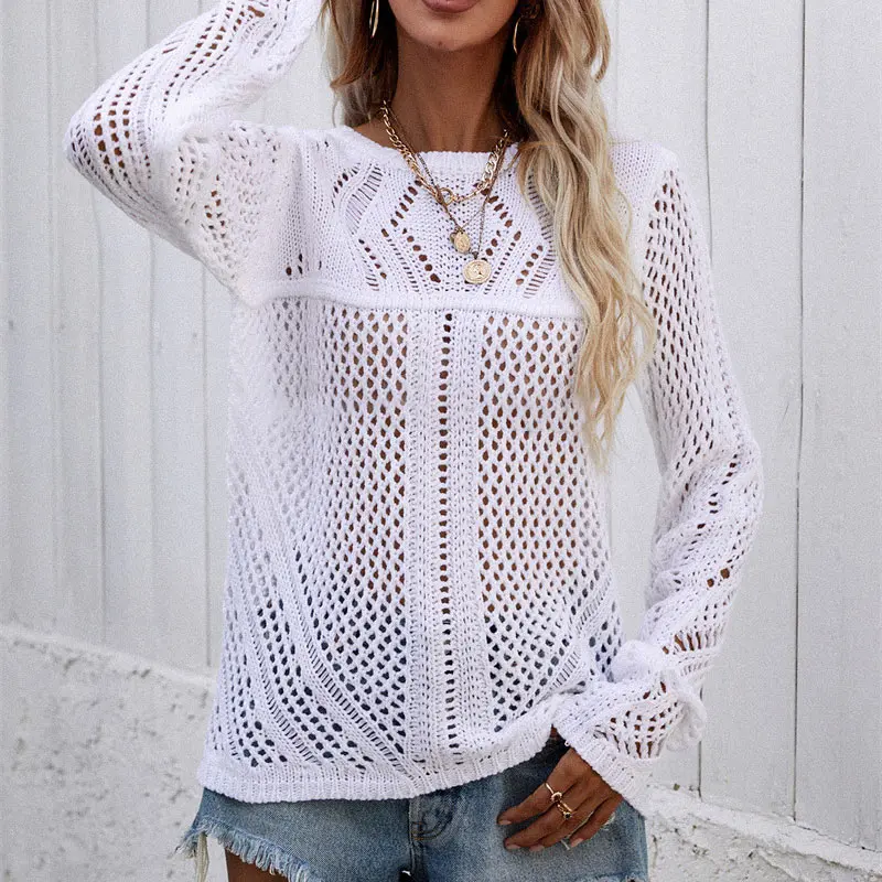 

Женский Однотонный свитер, трикотажная верхняя одежда, топ, модный Свободный пуловер с вырезами, свитер с длинным рукавом, осенняя повседне...