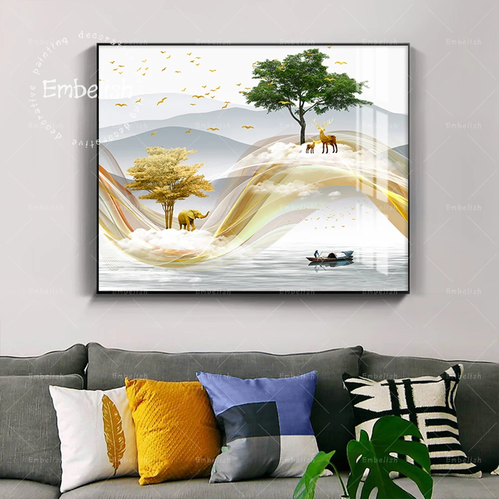 

Embelish Golden Deer Abstract Mountain Tree Boat Landscape Wall Pictures For Living Room Home Decor Posters HD Canvas Paintings