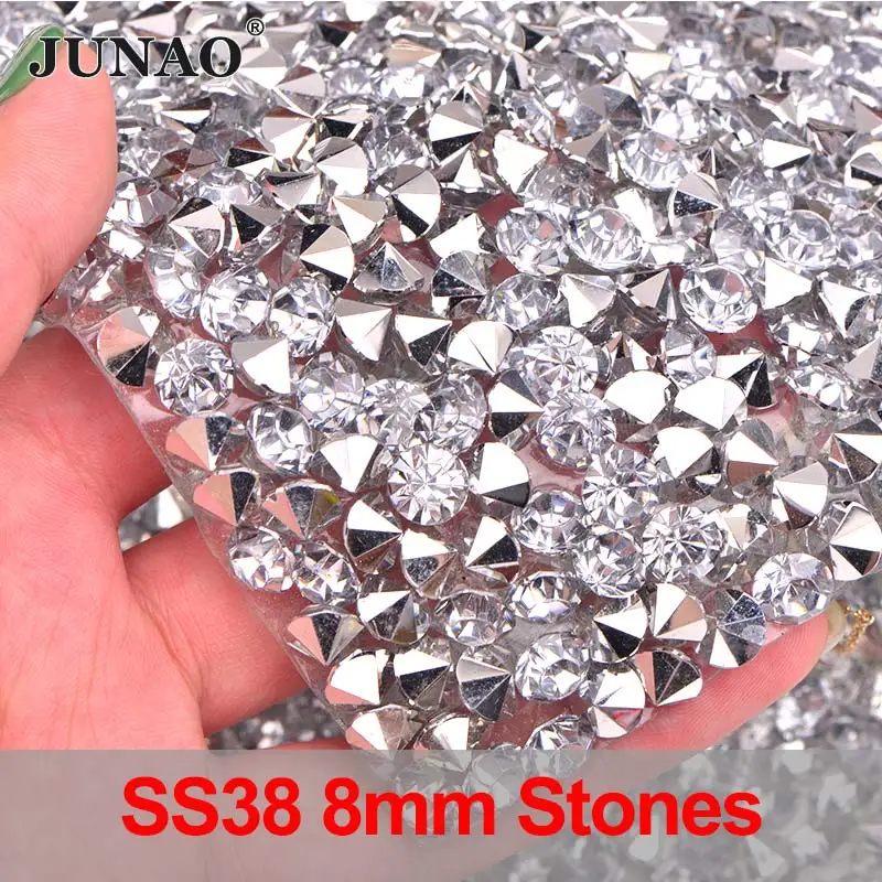 SS38 8mm Stones JUNAO SS38 8 мм блестящая Прозрачная Клейкая Стразы сетка отделка большой серебряный кристалл аппликация со стразами ткань сумка с лентой ювелирные изделия - Цвет: SS38 8mm Stones