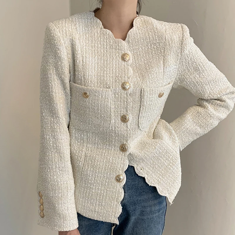 

Autumn winter temperament retro small fragrance tweed short jacket women single breasted loose pocket short jacket