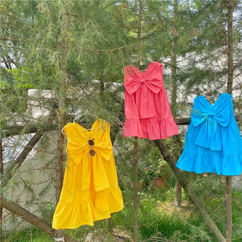 

Korean Children's Clothing 2021 Summer New Girl's Solid Color Sleeveless Cotton Large Bow Dress