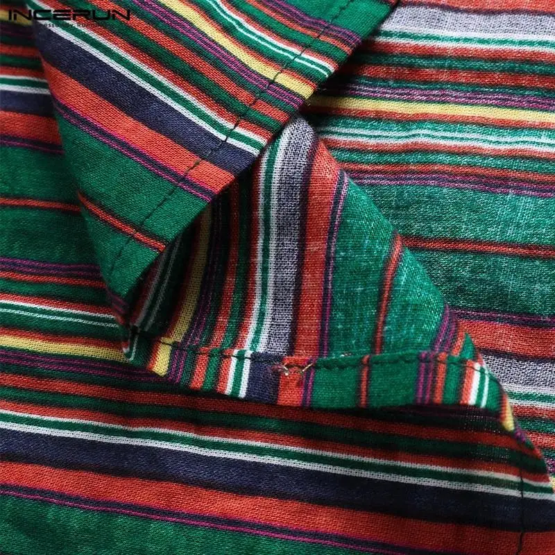 

INCERUN Men Striped Shirt Vintage Casual Short Sleeve Stand Collar Streetwear Tops Breathable Summer Mens Shirts Camisas S-5XL