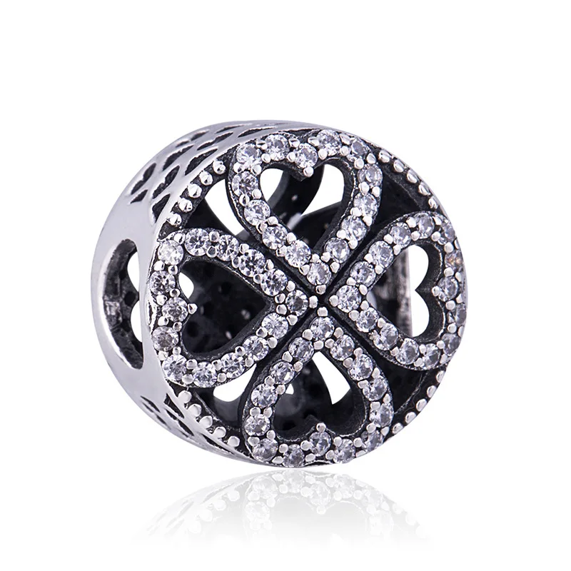 

Genuine 925 Sterling Silver Charm Love Heart Petals Violet Flower With Crystal Beads Fit pandora Bracelet & Necklace Jewelry