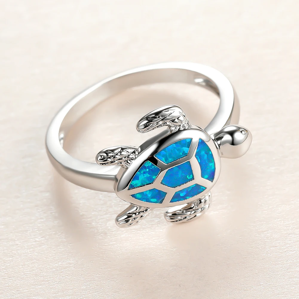 

Luxury Male Female Blue Opal Stone Ring Charm Silver Color Thin Wedding Rings For Women Trendy Bride Sea Turtle Engagement Ring