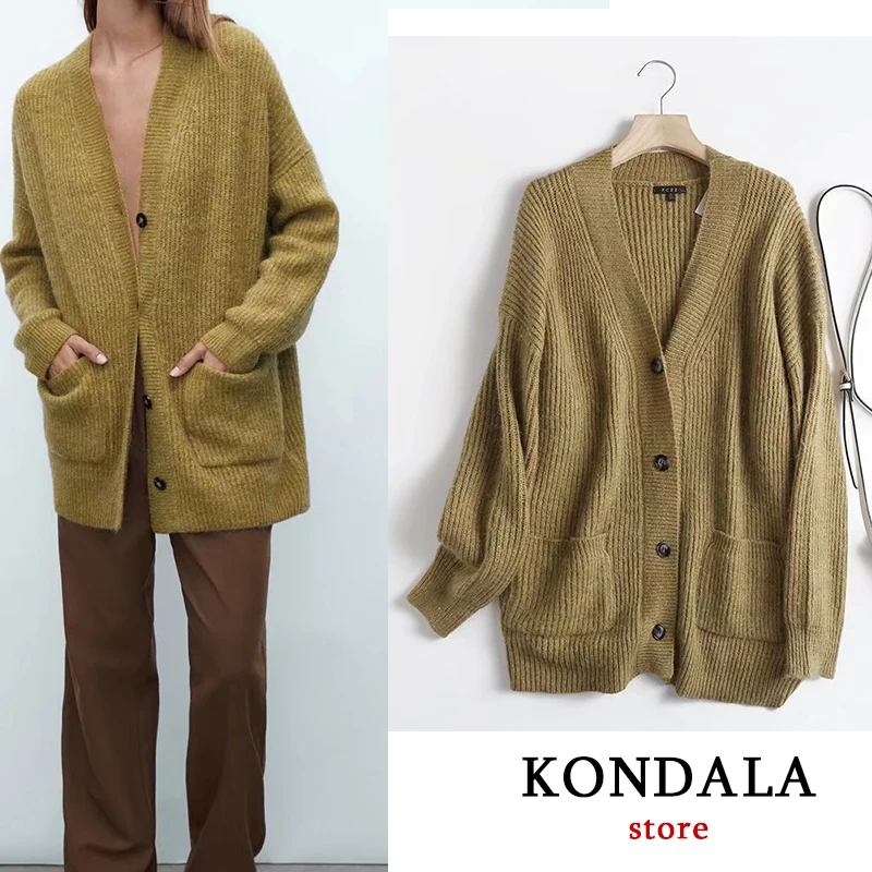 

KONDALA Women Solid Camel Knitted Oversized Long Cardigans Za 2021 Fashion V Neck Long Sleeve Sweaters Female Woolen Outwears