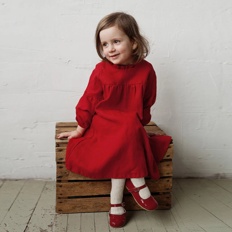 

Льняное платье для девочек, Новинка весна-осень 2021, праздничные красные платья TZ37 из хлопка и льна с длинными рукавами для иностранных девуш...