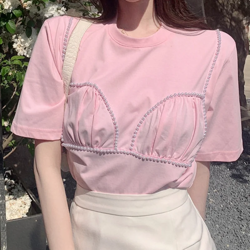 

2021 Pink T-shirt Women Summer Beaded Folds Sweet Short-sleeved Top Beaded Short-sleeved Round Neck Loose Wild Top Harajuku