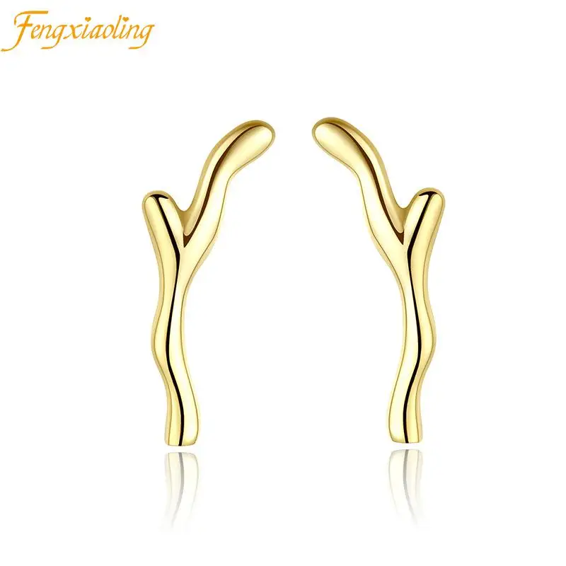

925 Sterling Silver 14k Gold Plated INS Branches Stud Earrings For Women Trendy Minimalist Fine Jewelry Cute Accessories Gift