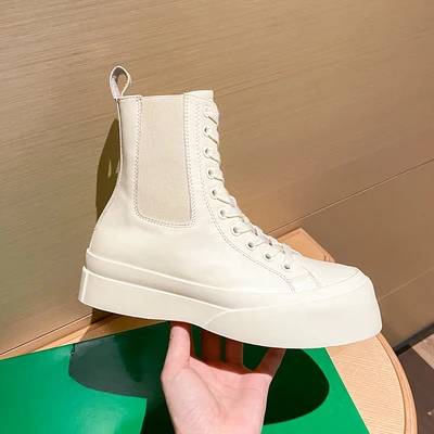 

Genuine Leather Thick-soled Handsome Woman Short Martin Boots Round Toe Square Heel Med Lace-up Ankle Boots for Winter Autumn