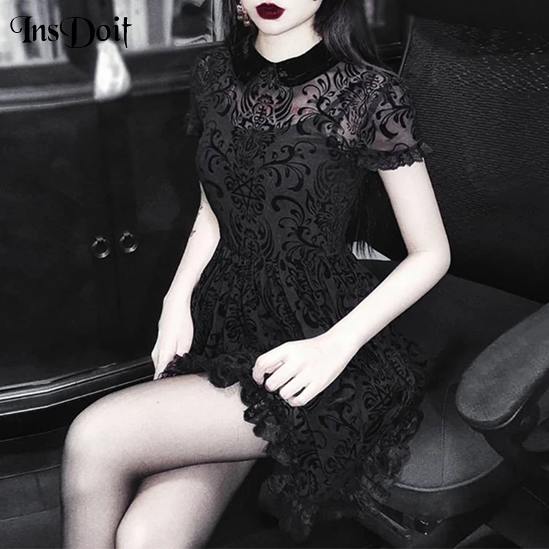 

InsDoit Mall Goth Vintage Lace Summer Dress Women Black Sexy Short Sleeve Mini Dresses Harajuku Punk Grunge Y2K Elegant Dress