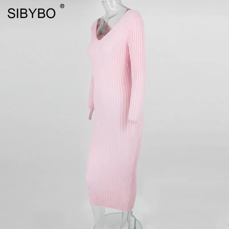 SIBYBO, зимнее трикотажное хлопковое платье в рубчик, женское сексуальное облегающее платье с открытыми плечами и длинным рукавом, однотонные вечерние платья с открытой спиной