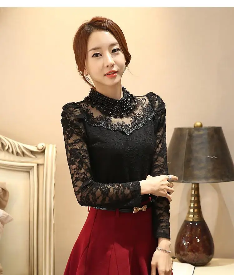 Elegant long-sleeved beaded women's lace shirt crochet shirt mesh shirt women's clothing S-5XL - Цвет: Черный