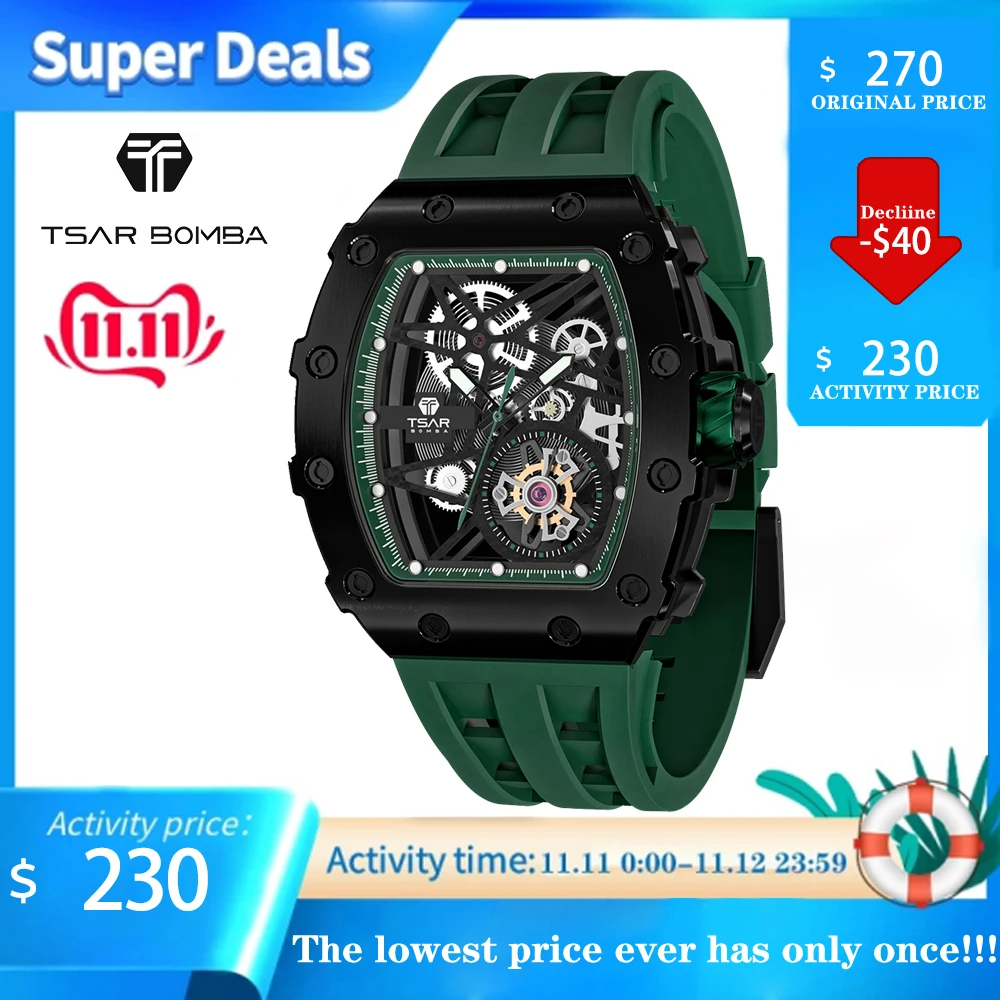 

TSAR BOMBA Mens Automatic Mechanical Watch Tonneau Design 316L Stainless Steel 100M Waterproof Luxury Skeleton Sport Wristwatch