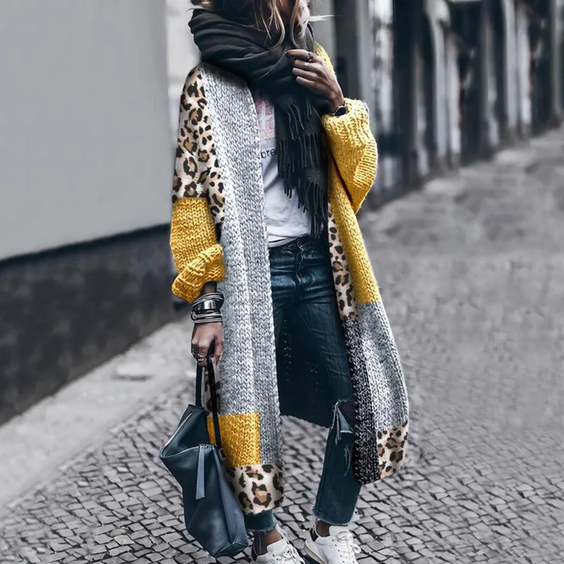 

Women's Color Block Cardigan Sweater Fashion Casual Loose Extra Long Long Sleeve Leopard Print Cardigan Jacket