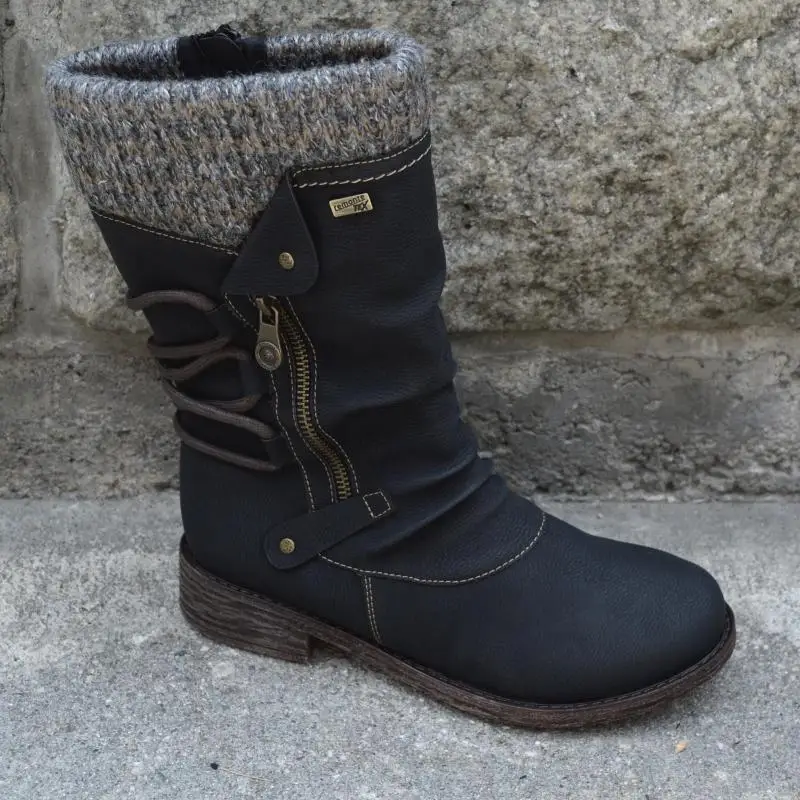 New Retro Woman Shoes Pu Leather Winter Boots Women Fashion Vintage Rivets Round Toe Lace-Up Mid-calf Zipper Boots 43