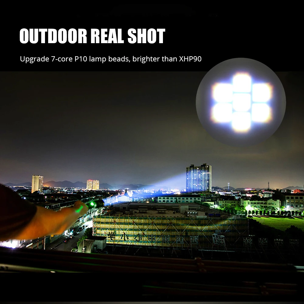 

High-power LED Flashlight with 7-core P10 Wicks Powerful Waterproof Tactical Torch USB Input&Output Function Zoom 18650 Light