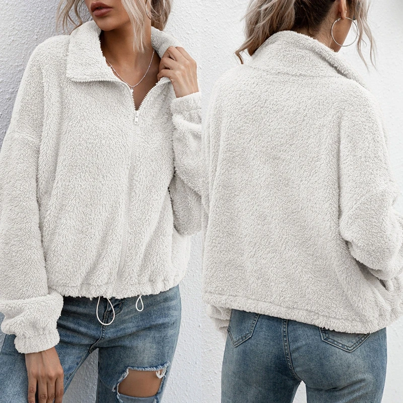 

Women Winter Double Fuzzy Jacket Lapel Full Zipper Drawstring Hem Outwear Coat BX0B