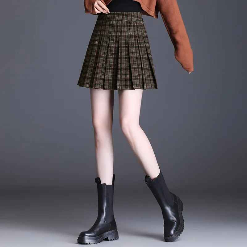 

Women Pleated Knit Plaid Skirt 2021 Autumn Winter Fashion High Waist Dress Female JK Short Skirt with Lining