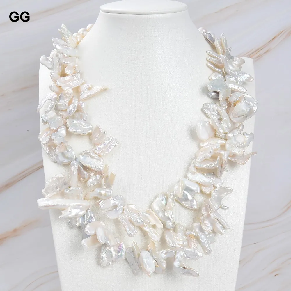 

GG Jewelry 19" Natural Baroque Pearl 2 Strands 18mm White Biwa keshi Pearl Necklace For Women Lady Gift Jewelry