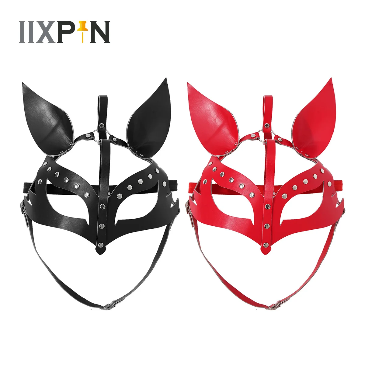 

1Pc Women Fox PU Leather Mask Rivets Decor Halloween Cosplay Party Elastic Band Back Full Face Mask Stage Performance Props