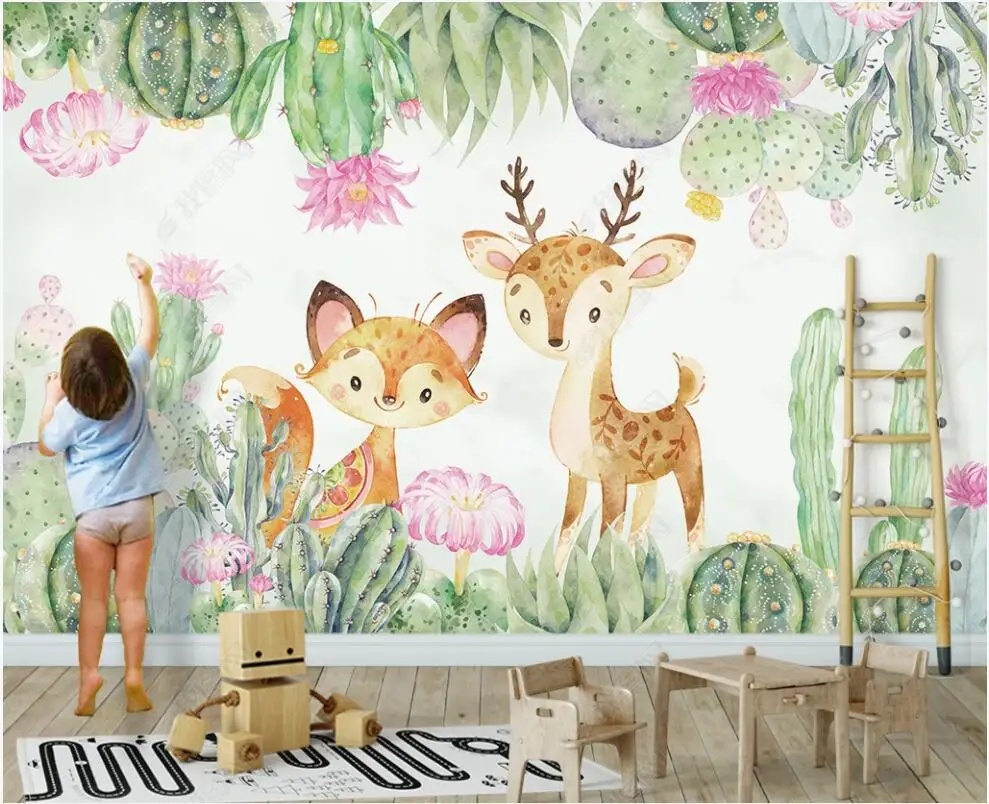 

custom Photo wallpaper mural Cartoon cactus succulents elk children's room home decor 3d wallpaper for walls in rolls