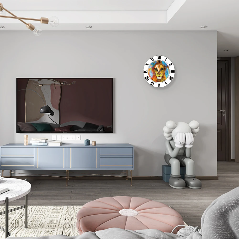 

Creative Colorful Lions Pattern Clock Durable Wooden Wall Mounted Two Classic Digital Dial Styles Home Living Room Decoration