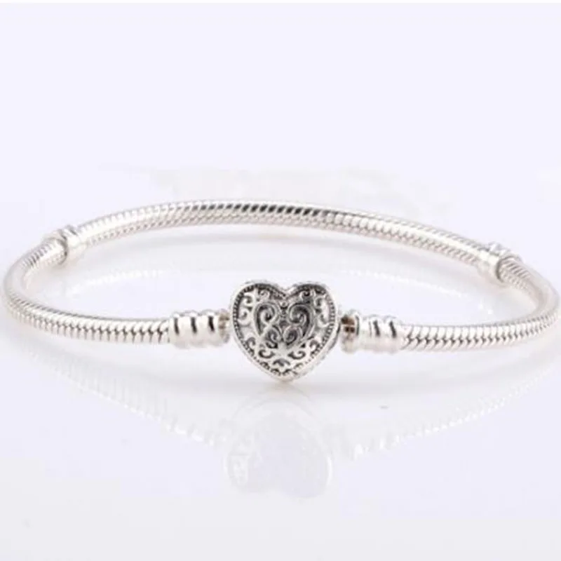 

100% 925 брелок Silver Pan Bracelet Heart Shaped Texture Pan Bracelet Fit European Charm Bracelets Women Jewelry